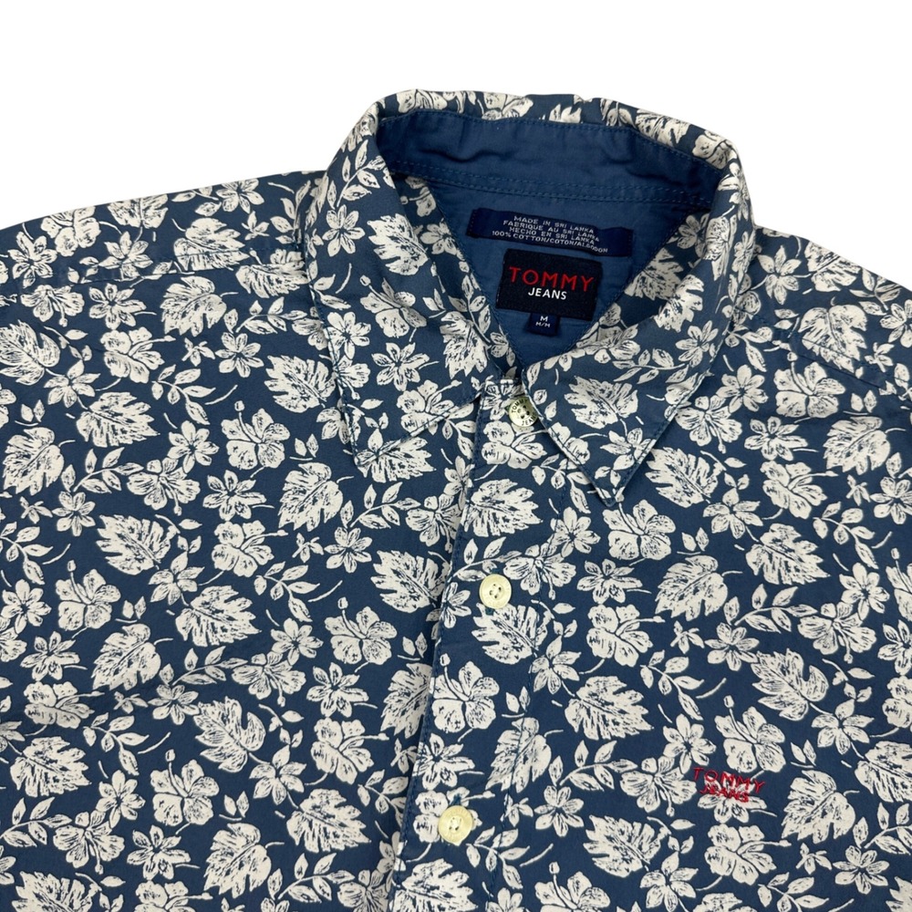 Tommy Jeans Mens Blue Floral Hibiscus Cotton Short Sleeve Button Down Shirt M